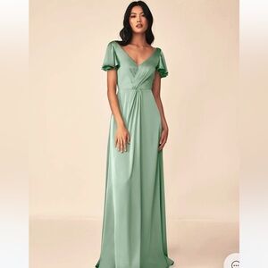 Azazie Soren Agave Green Maxi Dress Satin Strech